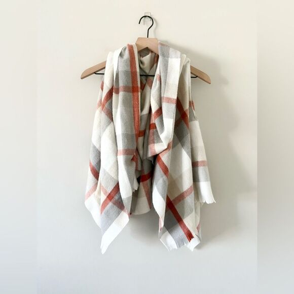 A New Day Wearable Scarf Shawl in Cream Gray Orange Plaid - OS - Picture 2 of 5